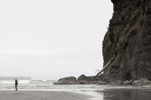 ruby beach person standing behind mountain in front of large body of water during daytime beach